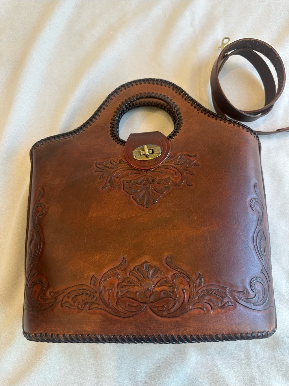 Classic Brown Tooled Leather Men's Crossbody Bag